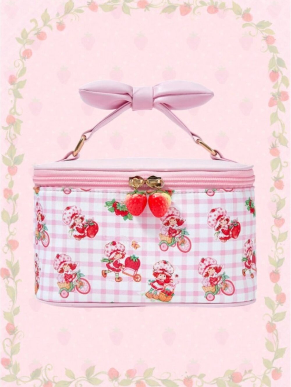 Strawberry Shortcake Cute Cartoon Padded Bow Cosmetic Bag Women's Case